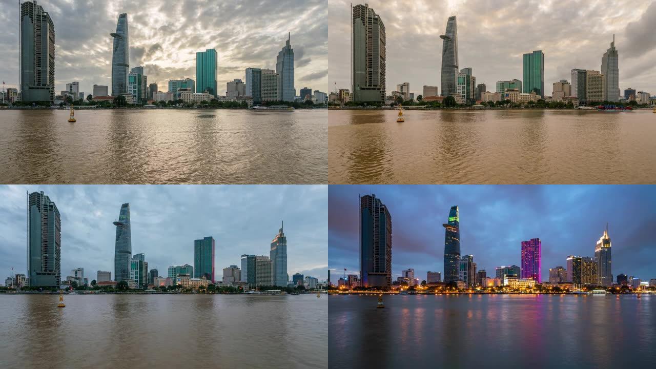 日日夜夜流逝的胡志明市天际线和摩天楼中心的心脏业务在胡志明市市中心。越南胡志明市西贡河城市全景图