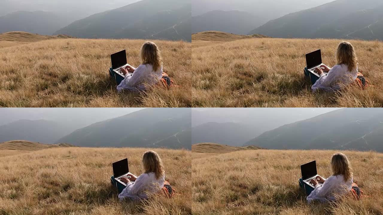 女人在草地上使用笔记本电脑