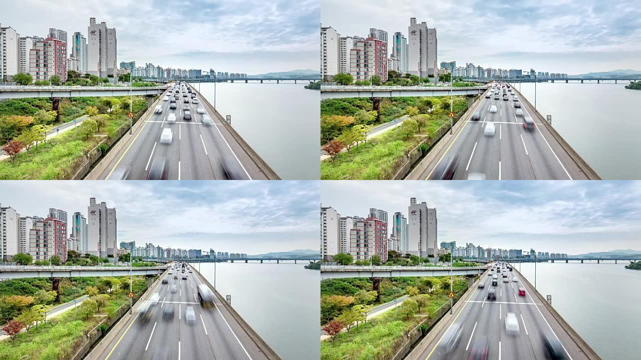 首尔缩时在河附近道路上繁忙的交通