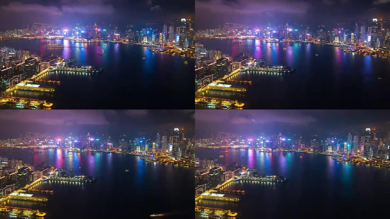 时间流逝: 香港灯光交响乐表演的鸟瞰图
