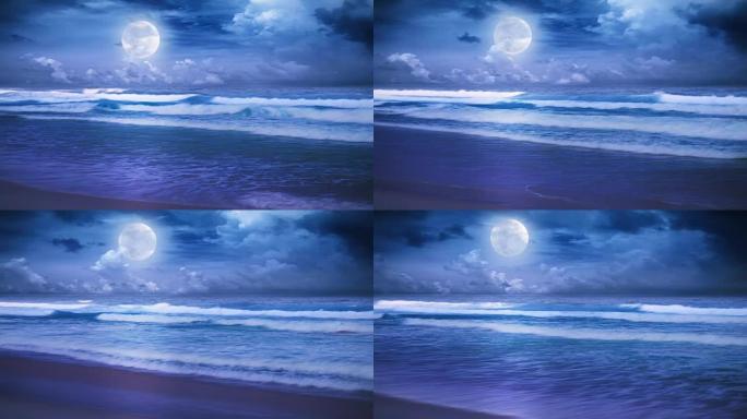 夜海上的满月海浪浪花圆月