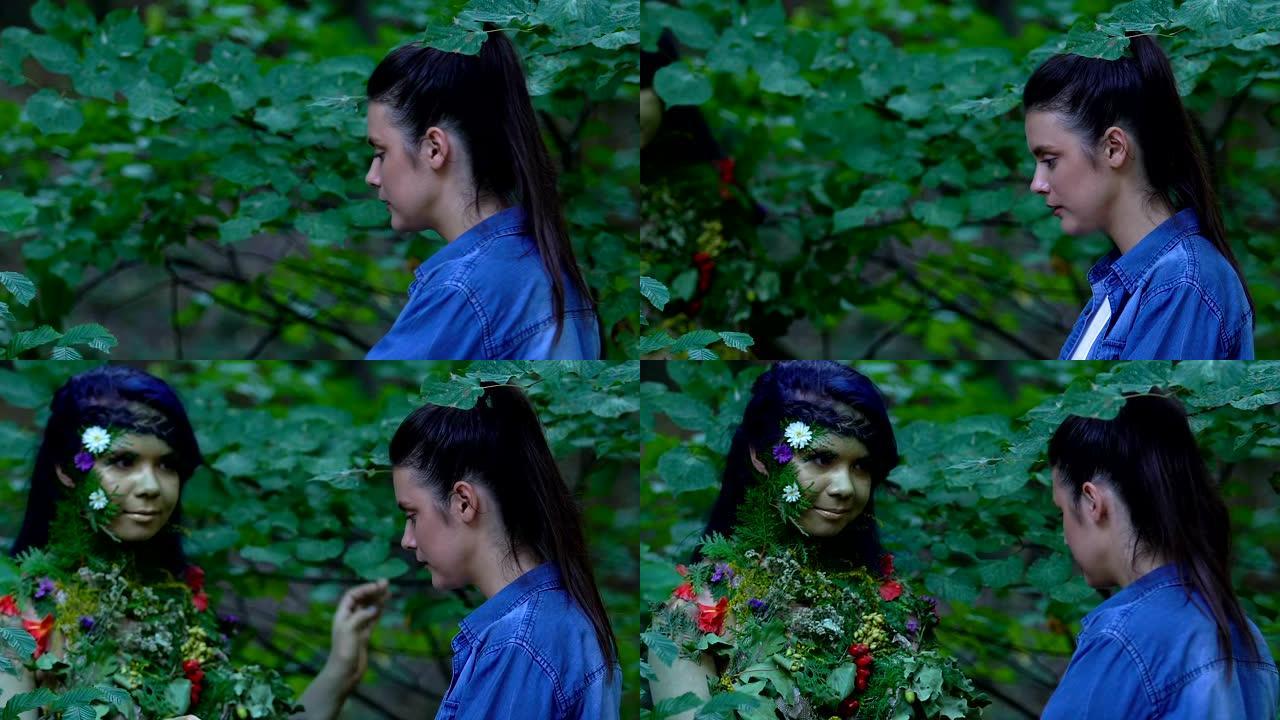 女孩在树林中遇见自然母亲，人类与自然相识的概念