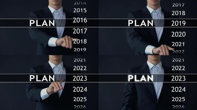 2023计划，商人在虚拟屏幕上选择文件，启动策略