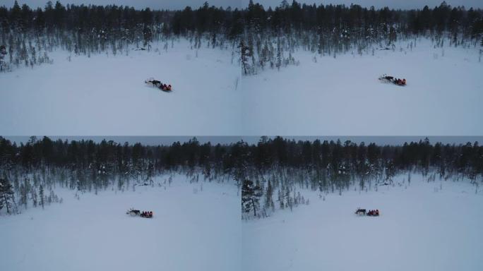 冬季深雪森林上驯鹿雪橇的鸟瞰图