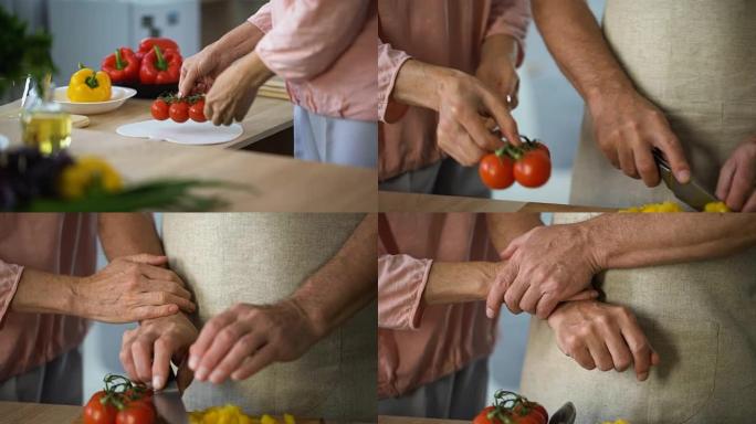 退休夫妇在家做饭手拉手，家庭理解，爱情