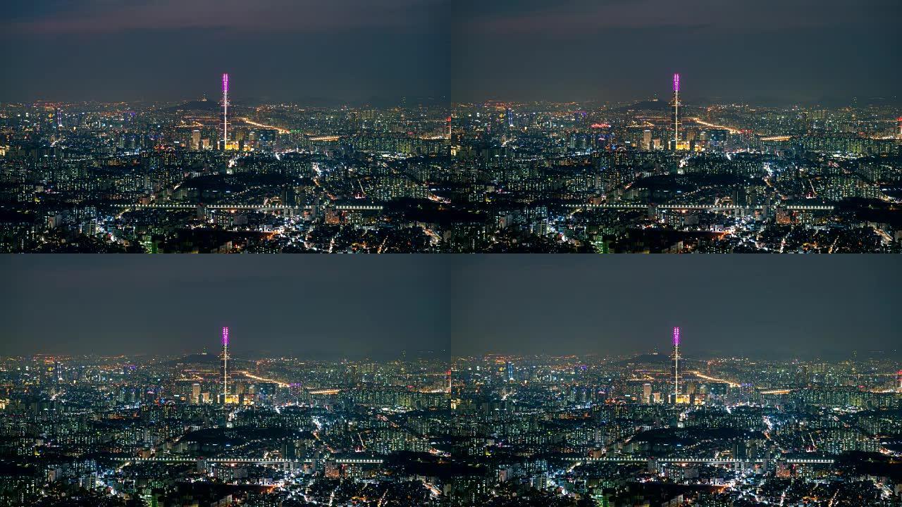 从南汉山城要塞看首尔城市景色的夜景。在韩国首尔市，摩天大楼的最佳景观以汉江为背景