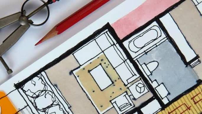 家庭平面图、水彩和墨水写意素描/房地产和家庭装修业务概念