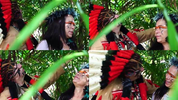 在雨林中装扮成土著的旅游夫妇