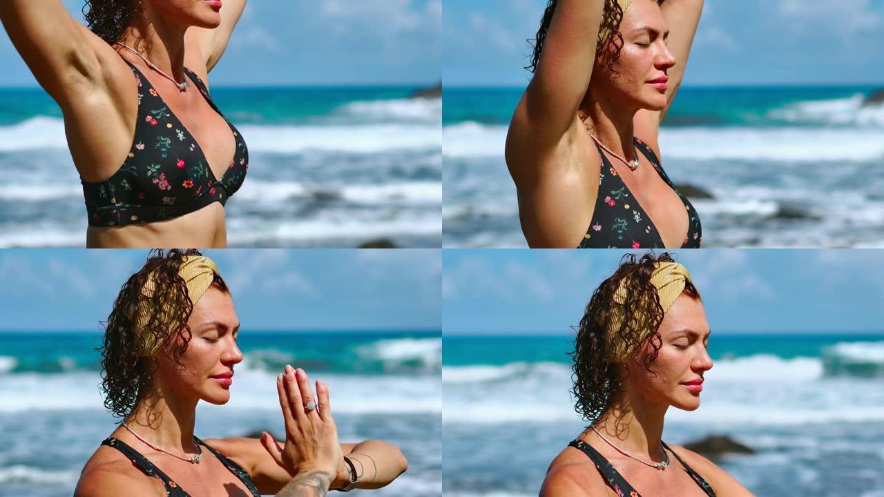宁静的冥想瑜伽。黑发旅游妇女在风景秀丽的普拉亚达马里尼亚海角上的莲花位置冥想。在加那利群岛的悬崖上冥