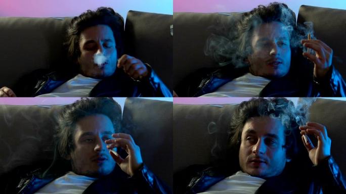 醉酒男性躺在沙发上抽烟，酗酒，浪费生命