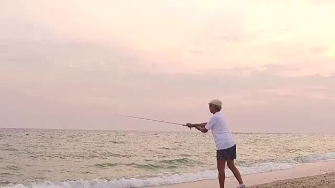 男子钓鱼。慢动作