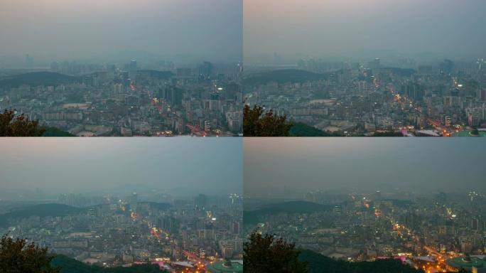 韩国首尔市城市天际线的延时日落场景
