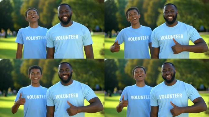积极的非洲裔美国男性表现出竖起大拇指，自然保护志愿服务