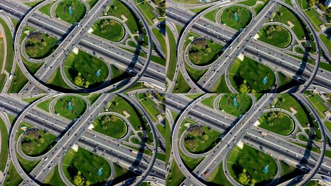 莫斯科高速公路交叉口交通步道的鸟瞰图。