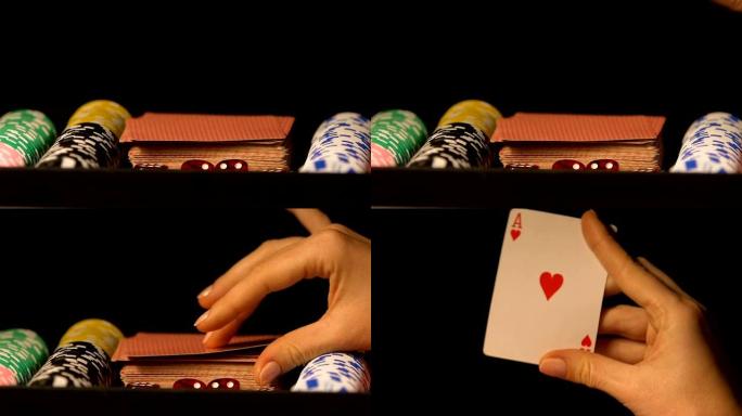 一位女士在镜头前展示扑克牌案中的红桃a，运气好，赌博