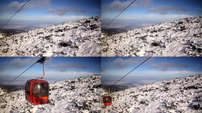滑雪缆车，乘客的POV，山上惊人的边锋景观
