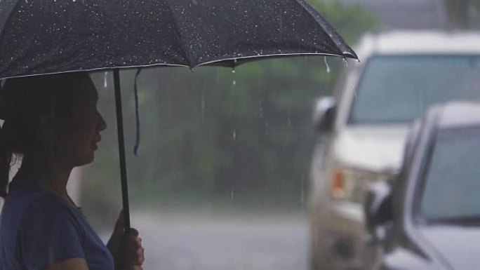 下雨天，SLO MO女人站在城市街道上