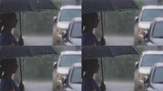 下雨天，SLO MO女人站在城市街道上
