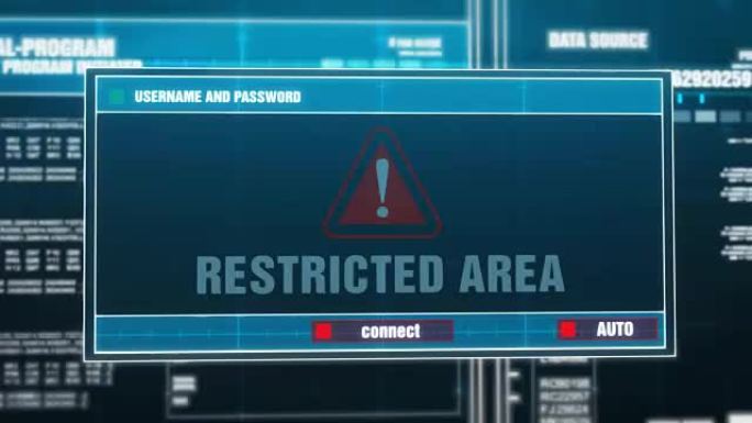 输入登录名和密码后，在计算机屏幕上的数字系统安全警报错误消息上生成的禁区警告通知。网络犯罪，计算机黑