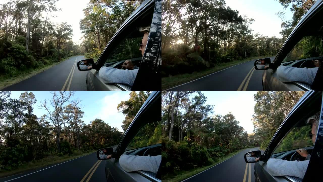 温带雨林路上行驶中的汽车的视点