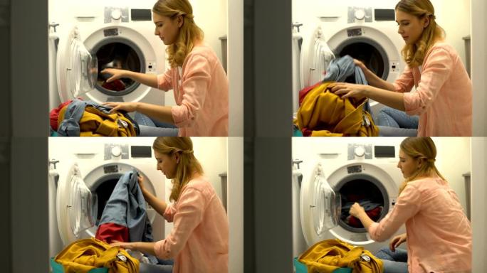 女人把衣服放在洗衣机里，家庭洗衣服务，日常生活