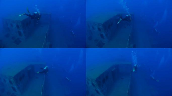 巨型沉船，潜水员，水肺潜水
