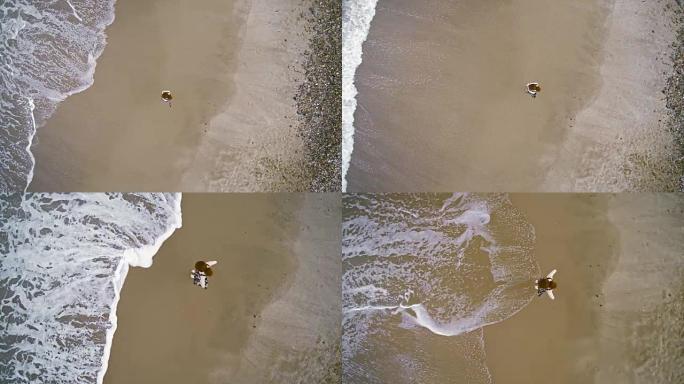 十几岁的女孩站在蒙托克角的海边，望着大海。航拍镜头