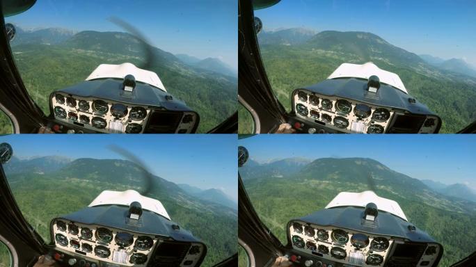 POV飞行员驾驶他的轻型飞机在阳光下在森林上空飞行