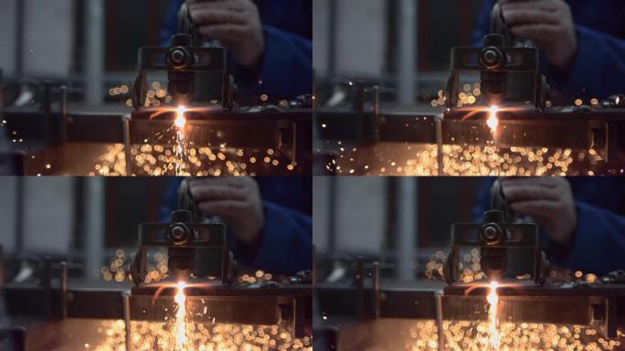 超级慢动作: 用等离子切割机切割金属物体