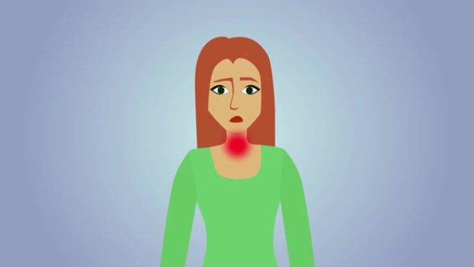2D动画，蓝灰色背景下的悲伤高加索女人。人体上出现红色圆圈，疼痛图标。头痛，喉咙疼痛，心痛，胃痛。医
