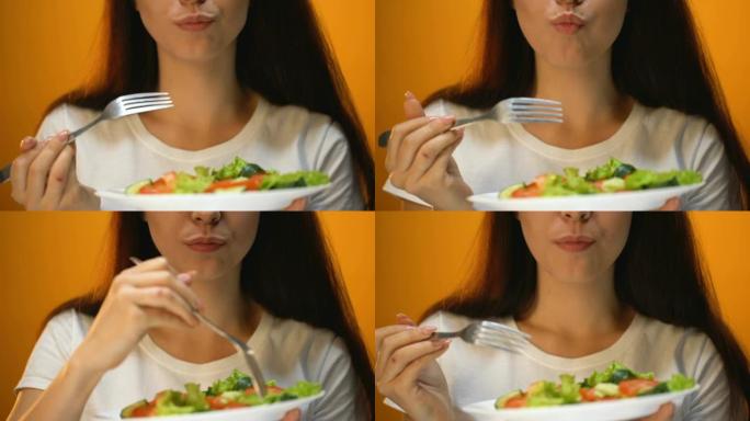 女孩吃蔬菜沙拉，均衡饮食，健康营养，维生素
