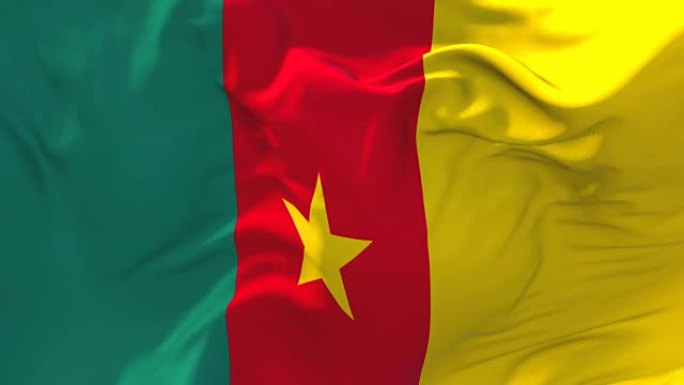 喀麦隆国旗迎风飘扬的慢动作动画。4K逼真的织物纹理旗帜平稳吹在一个刮风的日子连续无缝循环背景。