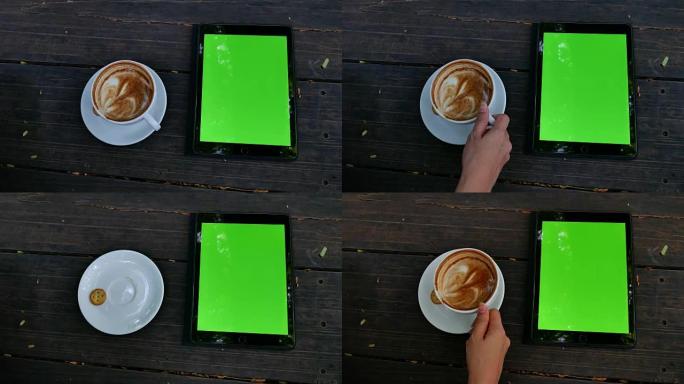 4K: 平板电脑绿色屏幕，配有咖啡拿铁