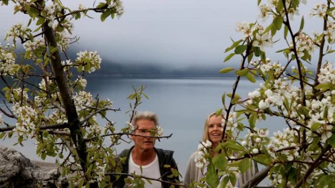 当夫妇在山湖岸上散步时，请查看过去的苹果花