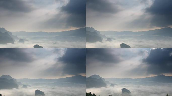 日出时，富朗卡的薄雾与山和太阳光线一起流动的风景镜头