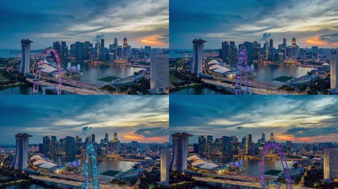 日落时分，新加坡商业区市中心的日夜过度移动或droonelapse场景