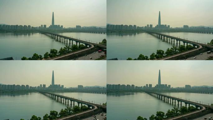 首尔市中心城市天际线的延时，首尔城市景观的鸟瞰图和韩国首尔市汉江大桥的交通