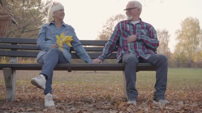 资深欧洲夫妇分别坐在长凳上。成熟的白人男人牵着他可爱的妻子，家庭和睦。一起衰老，爱情概念。