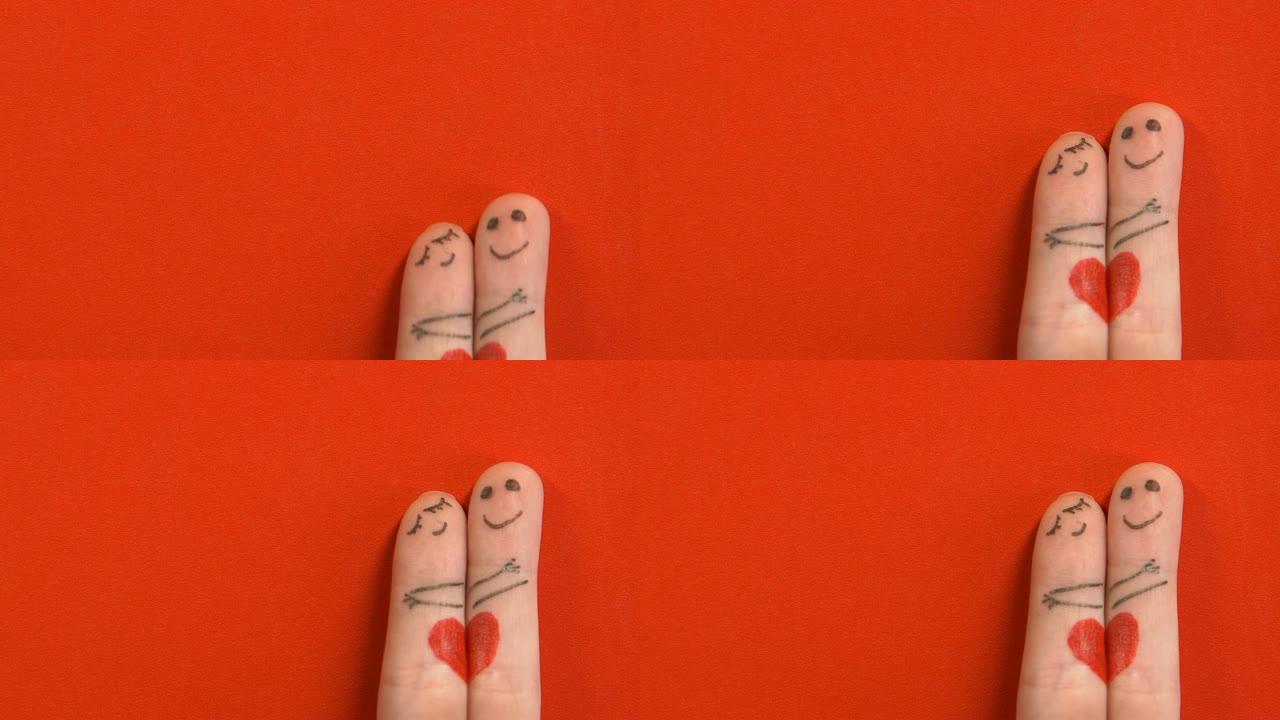 恋爱拥抱中的手指脸夫妇，情人节庆祝活动，红色背景