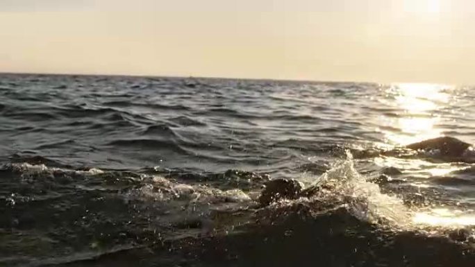 SLO MO男女公开水域游泳运动员在阳光下在海上游泳前爬行