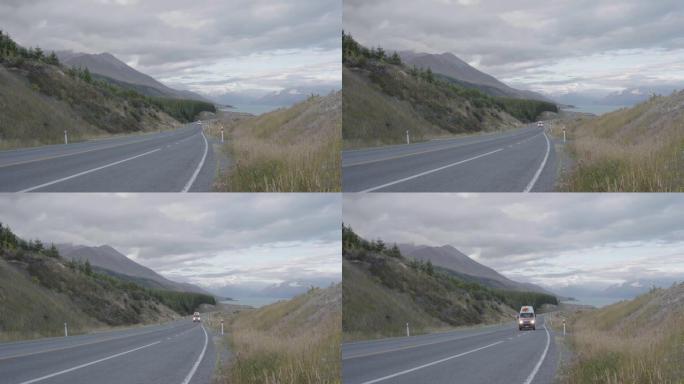 新西兰南岛上有车辆的道路的静态拍摄