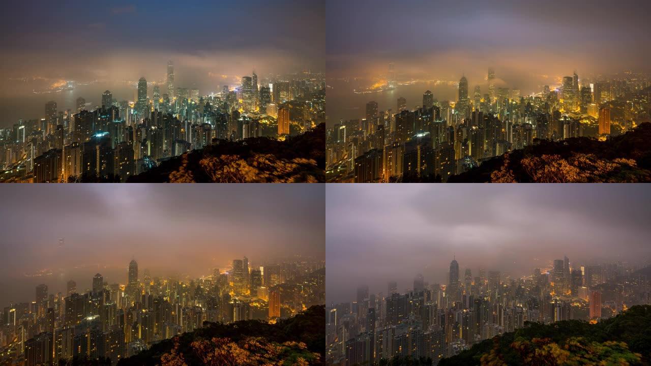 日夜时间流逝香港城市天际线。香港太平山在中国的景色