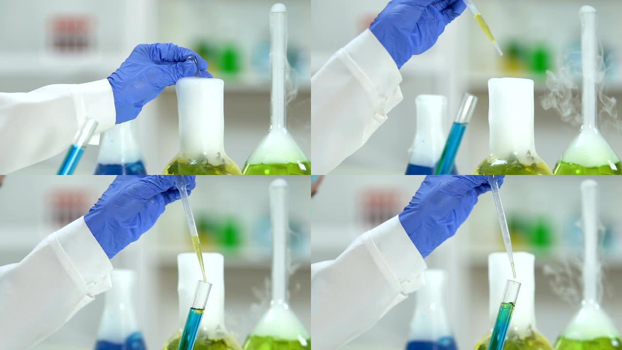 化学家用蓝色试剂将沸腾的植物提取物滴加到试管中