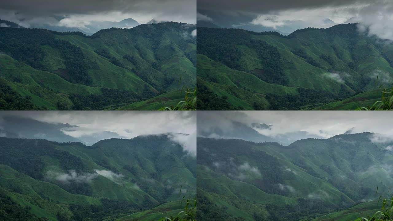 黎明迷雾景观中的迷宫，背景中的山脉/狗Phu Kha，Nan，泰国