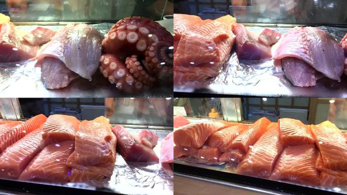 泰国曼谷餐厅的鲑鱼和生鱼片生食