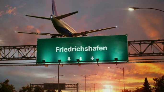 飞机在美妙的日出时降落腓特烈港 (Friedrichshafen deutsche)