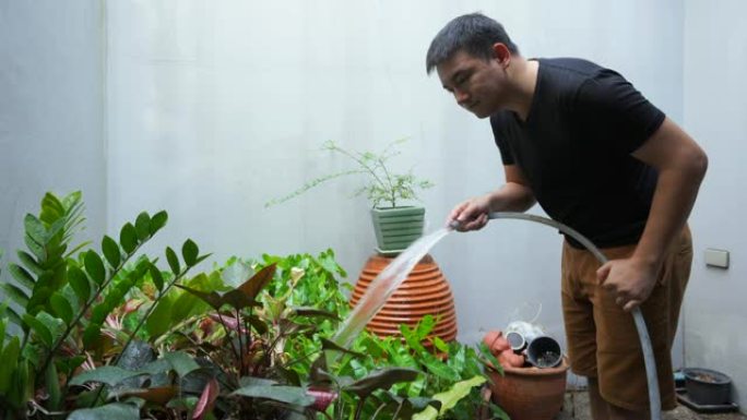 4k剪辑镜头，年轻人正在后院浇灌植物