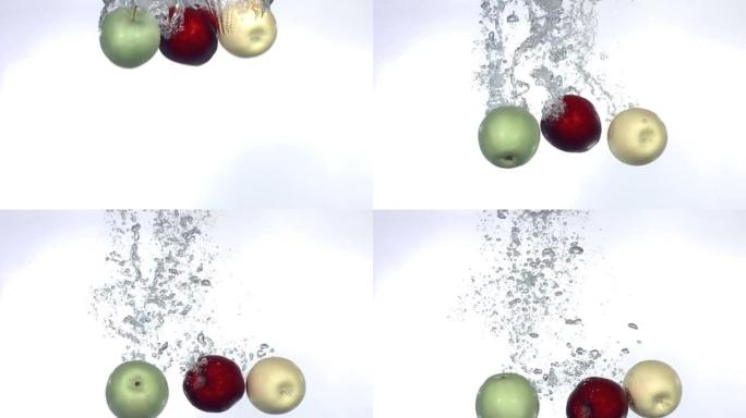 苹果溅入水中，慢动作