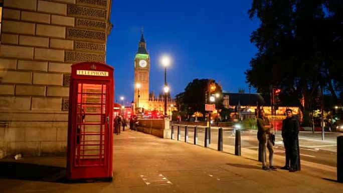 英国伦敦，4K大本钟，电话亭和威斯敏斯特大教堂