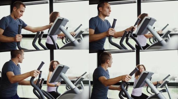 有氧运动机器上的男人和女人: 在健身房进行艰苦的训练